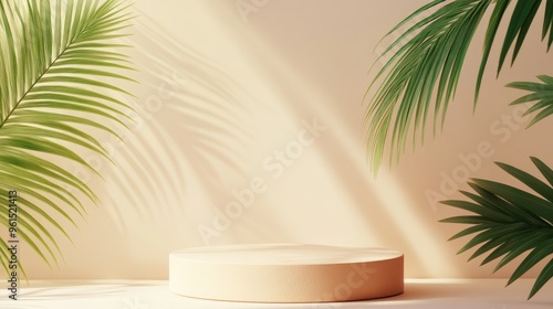 Minimalist summer background in 3D, featuring a clean podium or pedestal for showcasing products.