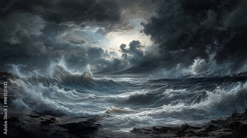 Rolling waves crashing against a rocky shoreline under a sky filled with dramatic clouds Rolling waves crashing against a rocky shoreline under a sky filled with dramatic clouds