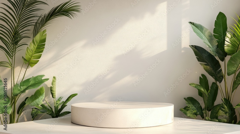 Minimalist summer background in 3D, featuring a clean podium or pedestal for showcasing products. Minimalist summer background in 3D, featuring a clean podium or pedestal for showcasing products.