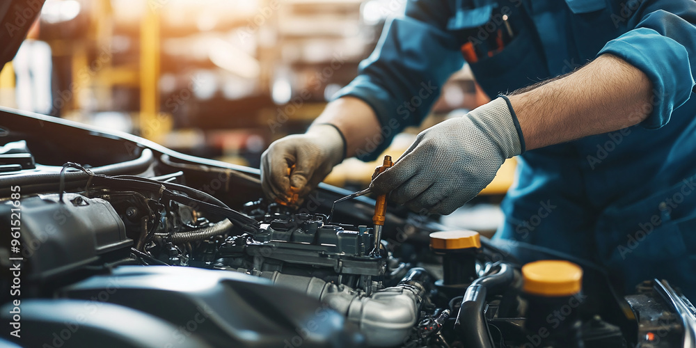 Mechanic repairing car engine in workshop Mechanic repairing car engine in workshop