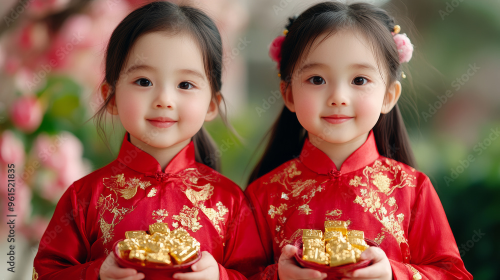 Adorable Chinese baby models in red silk outfits holding symbolic golden ingots, surrounded by flowers Adorable Chinese baby models in red silk outfits holding symbolic golden ingots, surrounded by flowers