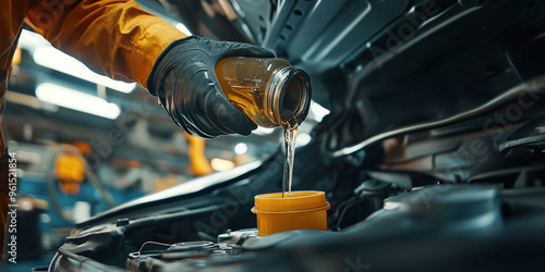 A mechanic pours brake fluid into a car's reservoir