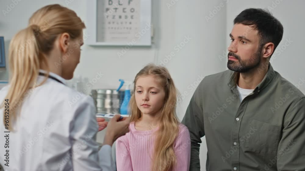 Ill girl visiting clinic doctor with parent closeup. Pediatrician measuring body Ill girl visiting clinic doctor with parent closeup. Pediatrician measuring body
