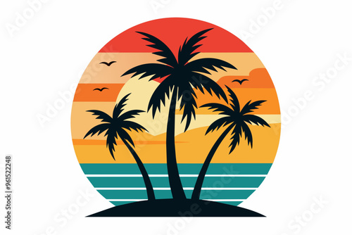  Beach with palms tree and sunset t-shirt design vector art illustration 