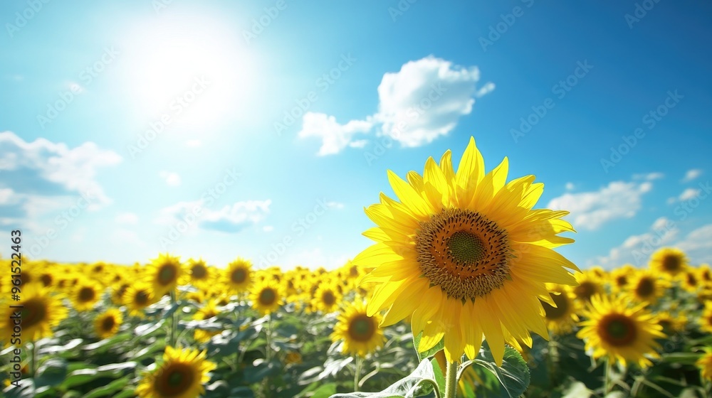 Bright and cheerful sunflower field on a sunny day, with a blue sky and a few fluffy clouds in the background Bright and cheerful sunflower field on a sunny day, with a blue sky and a few fluffy clouds in the background