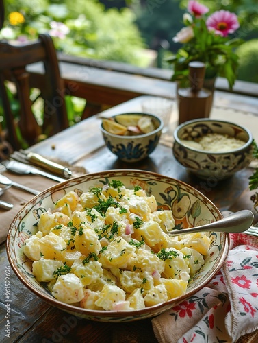 Hearty creamy potato salad on a fork, with a comforting homestyle vibe and soft afternoon lighting in a relaxed backyard setting, capturing the essence of casual dining and cozy comfort meals. photo