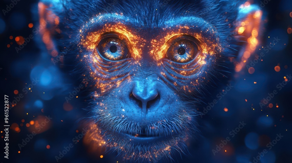 whimsical digital illustration neon monkey face with bright curious eyes floating through a starry night sky playful and surreal blending nature with fantastical elements whimsical digital illustration neon monkey face with bright curious eyes floating through a starry night sky playful and surreal blending nature with fantastical elements