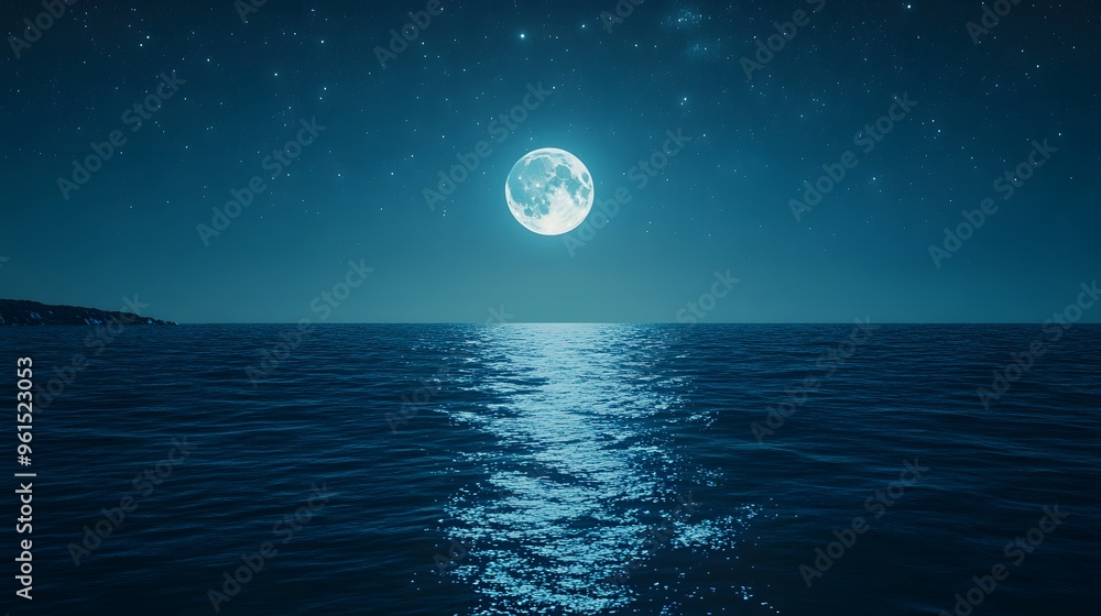 The big moon reflected in the beautiful and calm ocean waters. This scene is quiet. With the moonlight shining softly on the water. The big moon reflected in the beautiful and calm ocean waters. This scene is quiet. With the moonlight shining softly on the water.