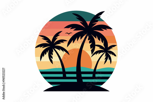  Beach with palms tree and sunset t-shirt design vector art illustration 