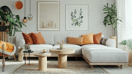 Modern living room with Scandinavian design, featuring a comfortable sofa and stylish decor.