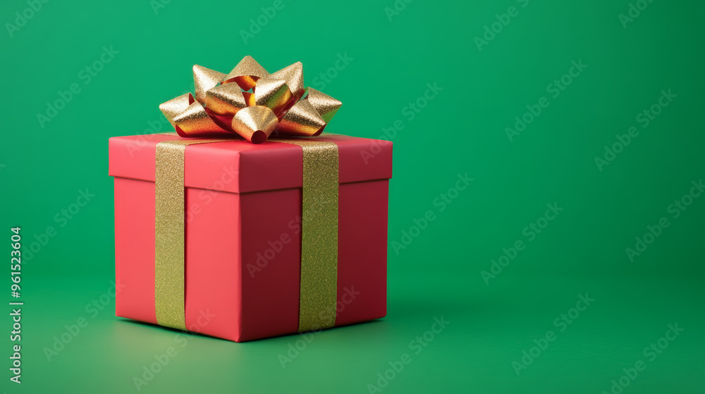 Fototapeta premium Bright red gift box with a golden bow isolated on a green screen background 