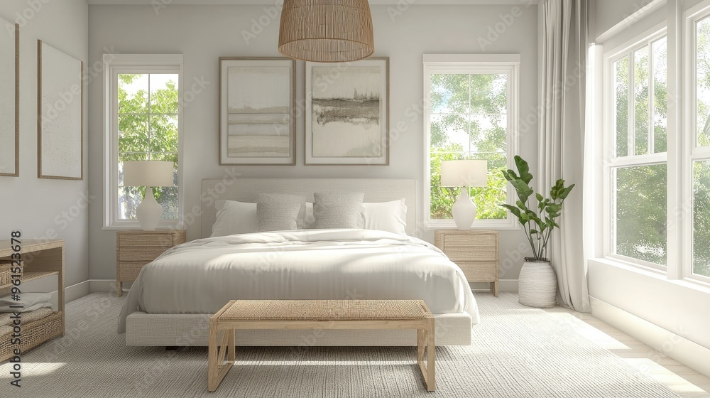 Modern minimal bedroom featuring soft coastal tones, a comfortable bed, and simple decor. Modern minimal bedroom featuring soft coastal tones, a comfortable bed, and simple decor.
