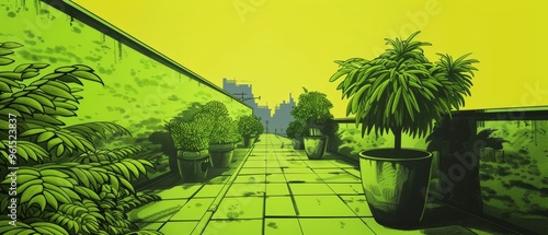  A painting of a walkway flanked by potted plants, yellow sky behind