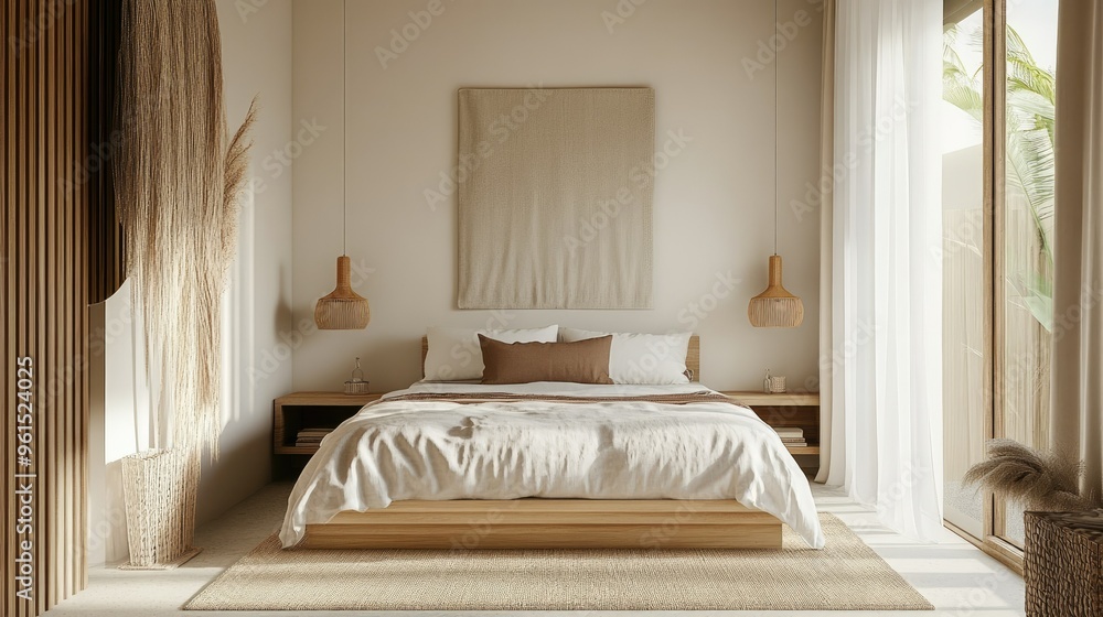 Modern minimal bedroom featuring soft coastal tones, a comfortable bed, and simple decor. Modern minimal bedroom featuring soft coastal tones, a comfortable bed, and simple decor.