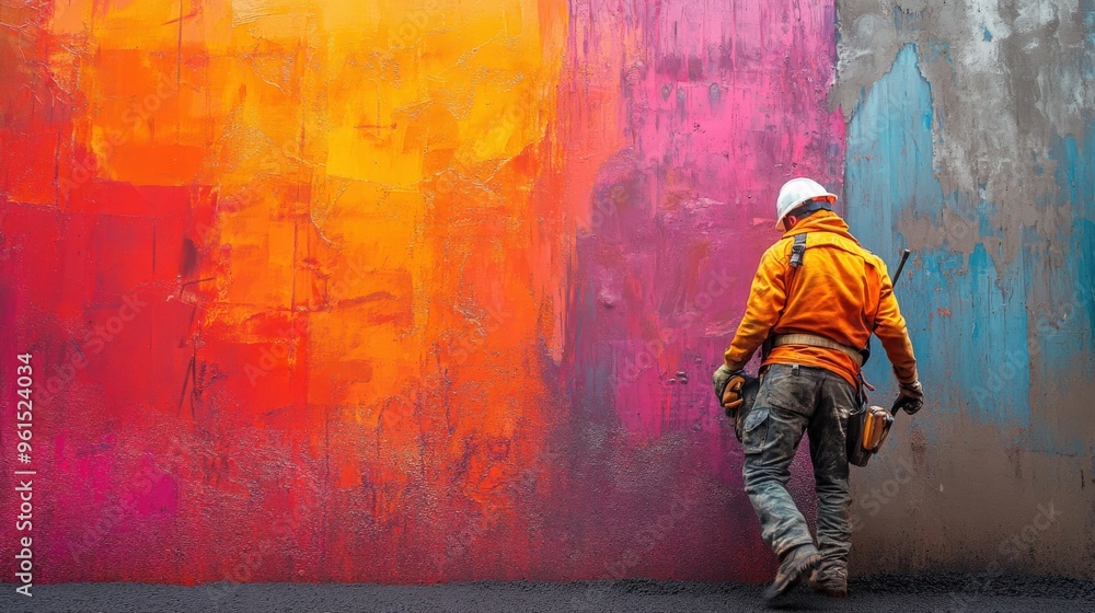 A road worker in an orange jacket paints a colorful mural on a concrete wall A road worker in an orange jacket paints a colorful mural on a concrete wall