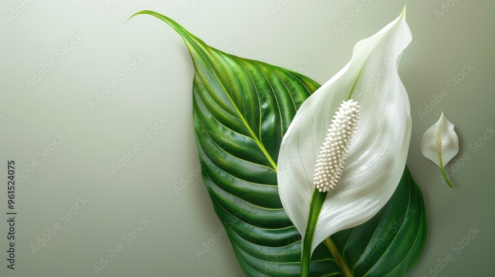 Fototapeta premium White flower bud of Spathiphyllum with green leaf.