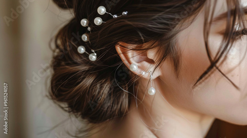 Medium close-up of a womanâs elegantly styled hair pinned with pearl clips, framing her face.