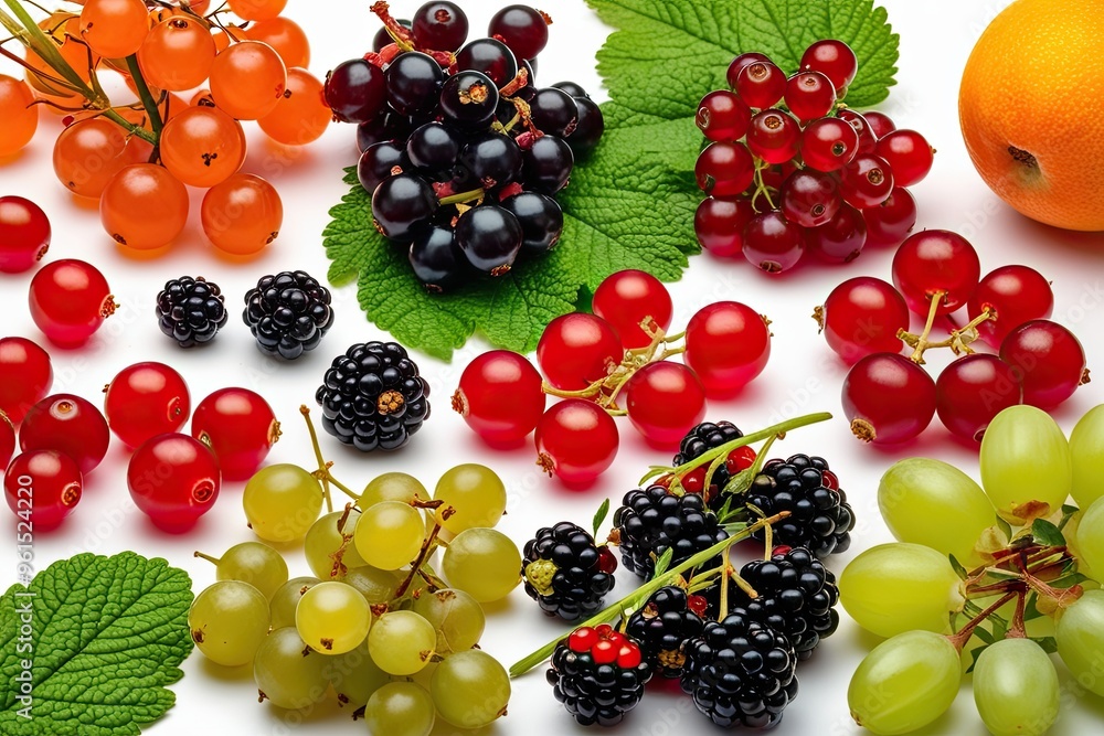 Vibrant Garden Fruit Collection Featuring Elderberries, Currants, Boysenberries, and Gooseberries on White Background Vibrant Garden Fruit Collection Featuring Elderberries, Currants, Boysenberries, and Gooseberries on White Background