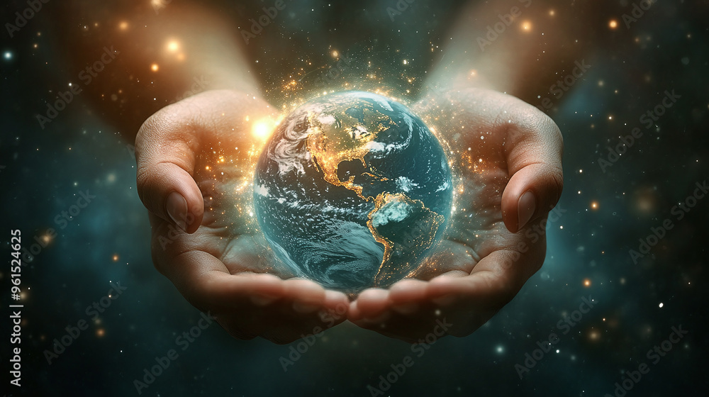 Human hands hold the planet in an energy field, symbolizing the power and interconnectedness of all things. Human hands hold the planet in an energy field, symbolizing the power and interconnectedness of all things.