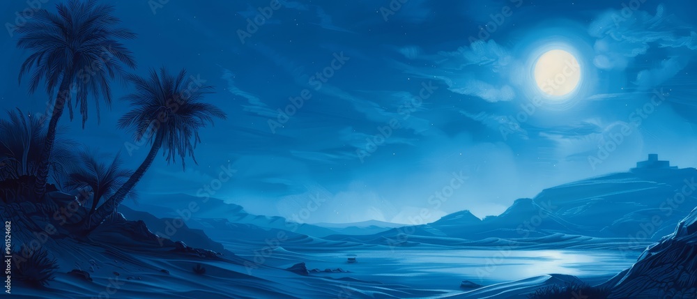 palm trees dot the scene; full moon rises over shimmering body of water palm trees dot the scene; full moon rises over shimmering body of water