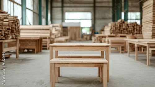 Busy workshop filled with custom wood furniture projects in various stages of completion tools scattered natural light 