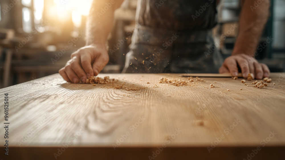 Carpenter assembling a bespoke wooden table in a sunlit workshop craftsmanship tools and shavings around Carpenter assembling a bespoke wooden table in a sunlit workshop craftsmanship tools and shavings around