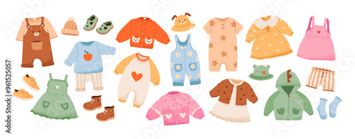 Baby and toddler apparel in vibrant, sustainable fabrics. Kids wear, cozy sweaters and playful shoes. Flat vector set illustration