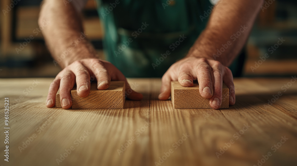 Carpenter carefully aligning dovetail joints in a piece of oak focused expression skilled precision warm lighting Carpenter carefully aligning dovetail joints in a piece of oak focused expression skilled precision warm lighting