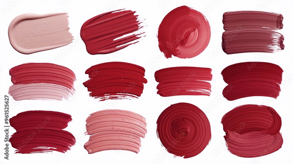 Red pigment of various shades from light pink to dark red, technology cream, strokes, tones isolated on white background Red pigment of various shades from light pink to dark red, technology cream, strokes, tones isolated on white background