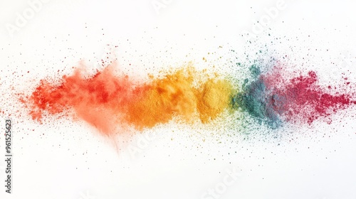 Colored powder is explosively scattered across a blank white surface, forming a dynamic and organic arrangement that showcases an array of vibrant hues photo