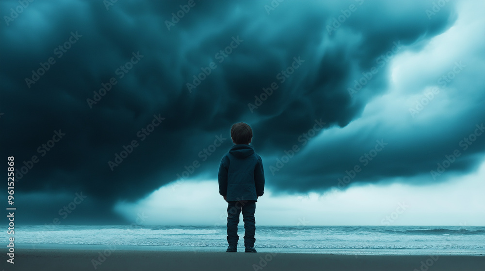 Child standing on a beach, watching a distant hurricane swirl over the ocean with massive dark clouds Child standing on a beach, watching a distant hurricane swirl over the ocean with massive dark clouds