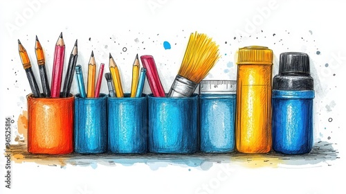 whimsical school supplies illustration continuous line drawing of pen ruler pencil and brush in box conveying backtoschool theme with artistic flair