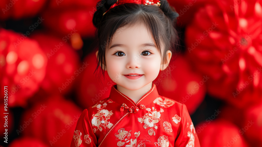 Chinese baby models in festive cheongsam dresses posing with large red lanterns in a bright celebration setting Chinese baby models in festive cheongsam dresses posing with large red lanterns in a bright celebration setting