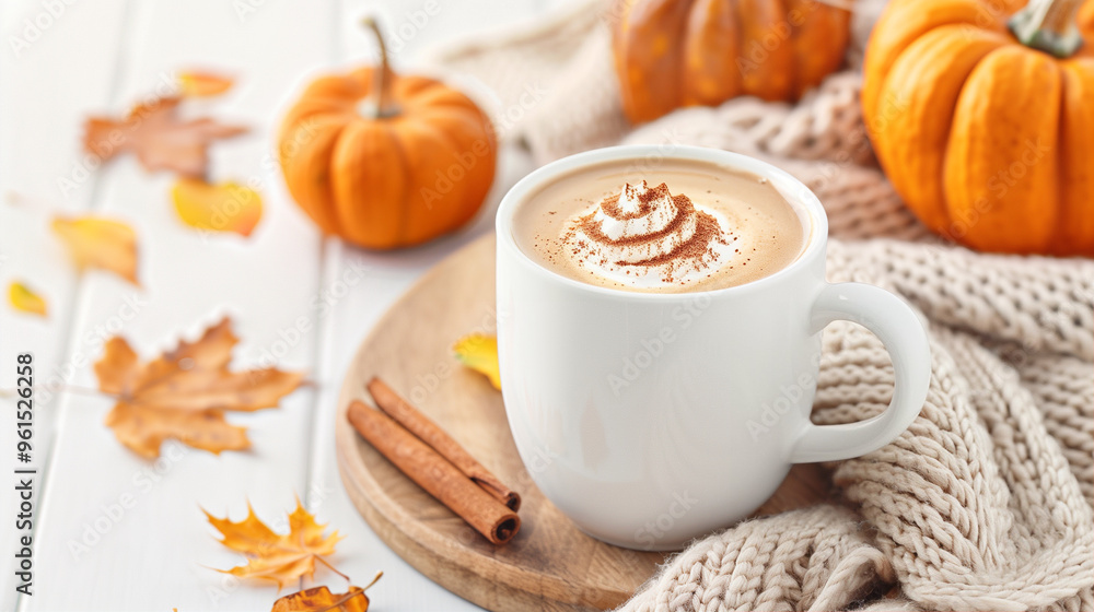 Pumpkin spice latte in white mug with pumpkin and cinnamon sticks on wooden board surrounded by autumn leaves and cozy knitted texture Pumpkin spice latte in white mug with pumpkin and cinnamon sticks on wooden board surrounded by autumn leaves and cozy knitted texture