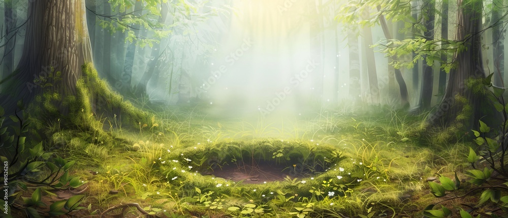 Fototapeta premium A circular opening in the heart of a verdant forest, teeming with emerald plants and towering trees, illuminated by golden sunrays filtering through