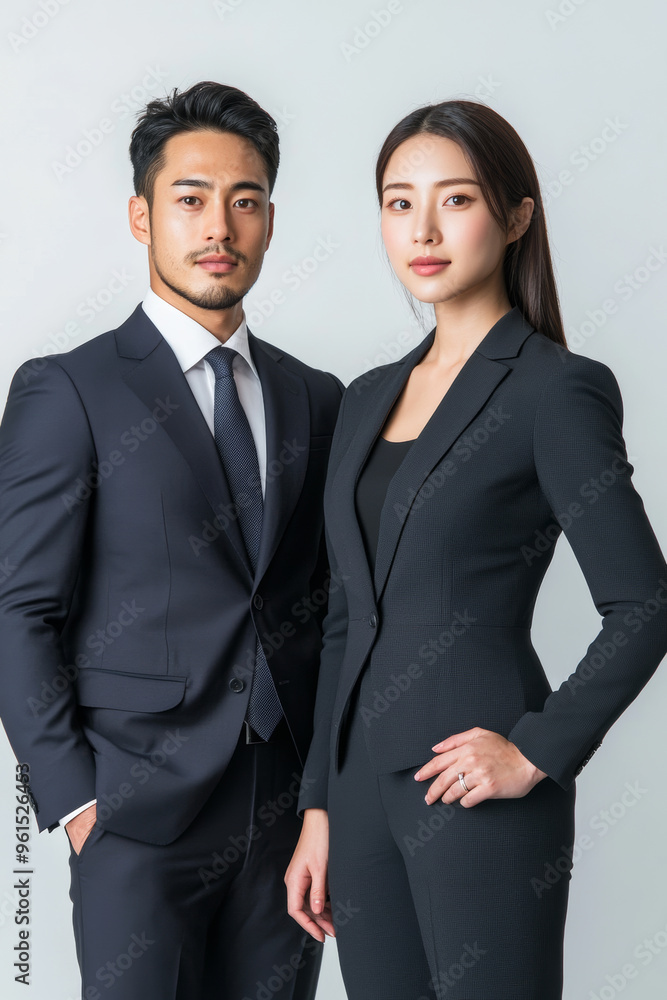 Chinese couple models in business attire sleek suits professional expressions isolated white background for corporate branding Chinese couple models in business attire sleek suits professional expressions isolated white background for corporate branding