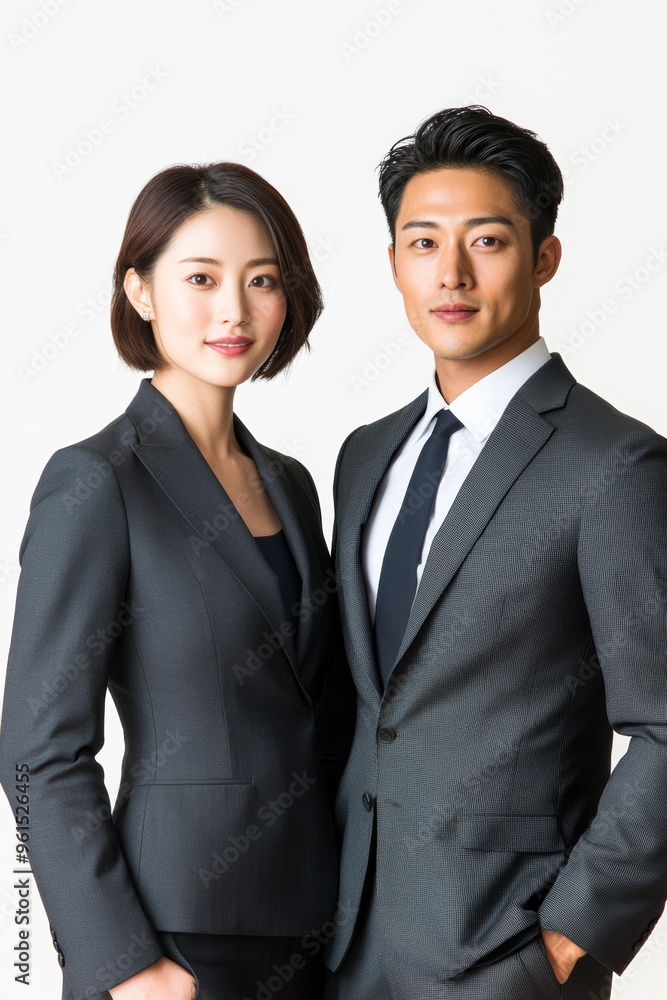 Chinese couple models in business attire sleek suits professional expressions isolated white background for corporate branding Chinese couple models in business attire sleek suits professional expressions isolated white background for corporate branding