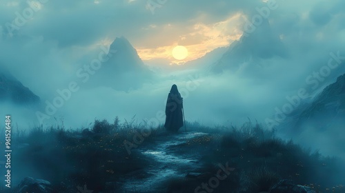 young child contemplating lifes journey at a crossroads surrounded by misty mountains at dawn symbolizes hope choice and the beginning of a new adventure