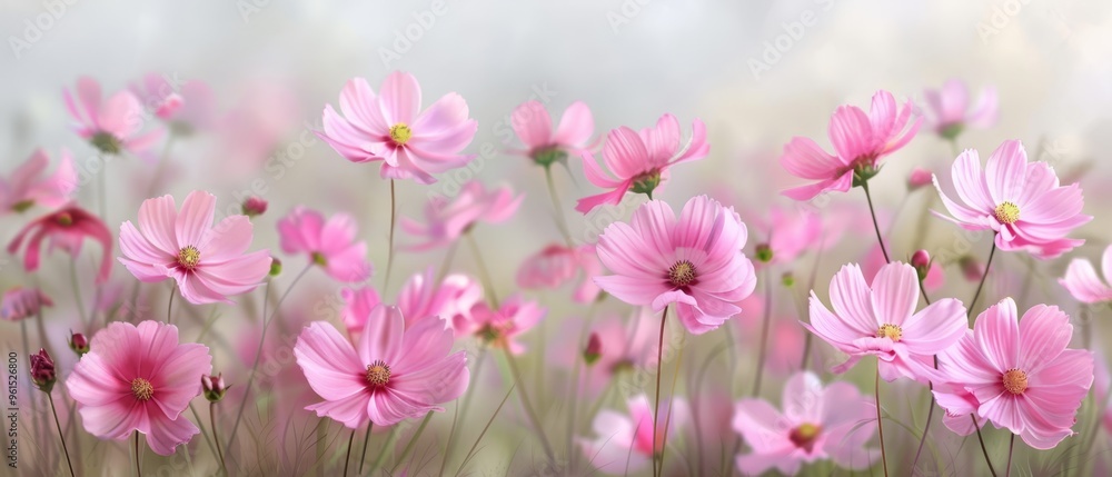 A dozen pink blooms nestled in the grass, foreground boasting a softly focused array of pink blossoms A dozen pink blooms nestled in the grass, foreground boasting a softly focused array of pink blossoms