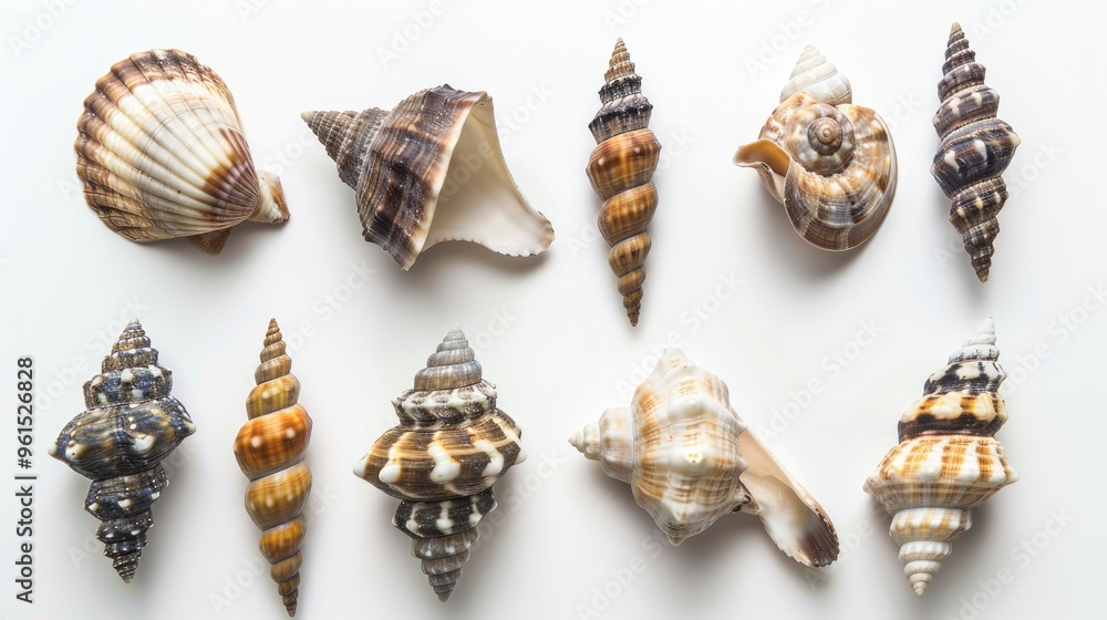 Sea shells on white background, viewed from above Sea shells on white background, viewed from above