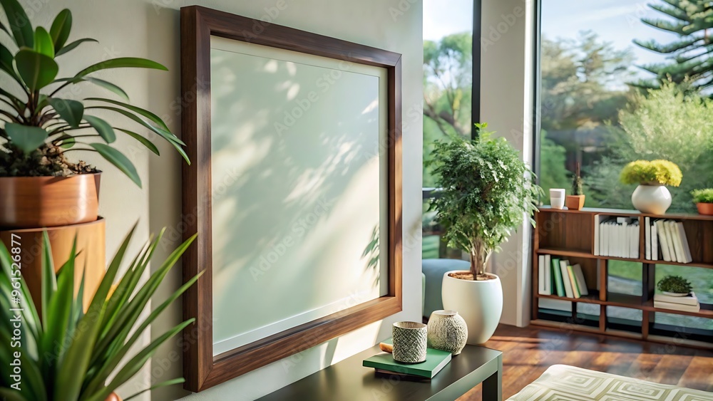 Minimalist blank frame on pure wall indoor room, Bright room with blank picture frame. Minimalist blank frame on pure wall indoor room, Bright room with blank picture frame.