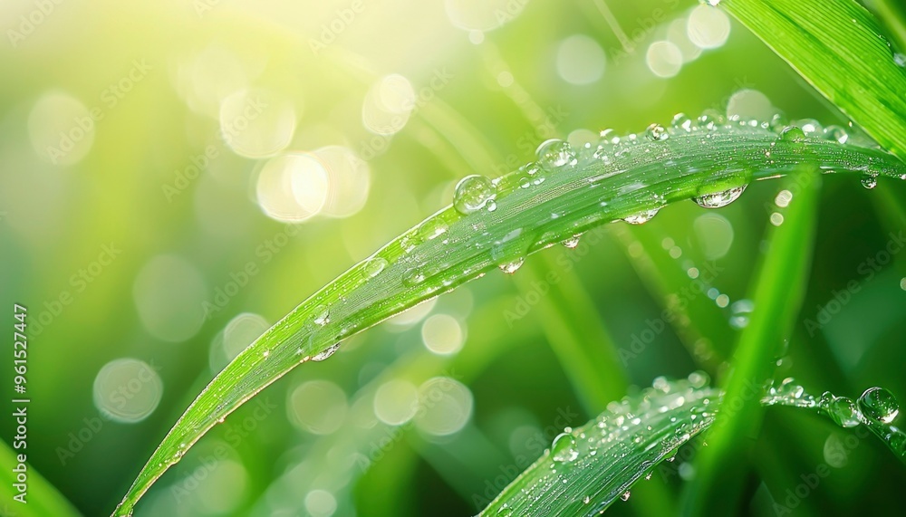 Naklejka premium Dew Drops on a Green Grass Blade in Sunlight
