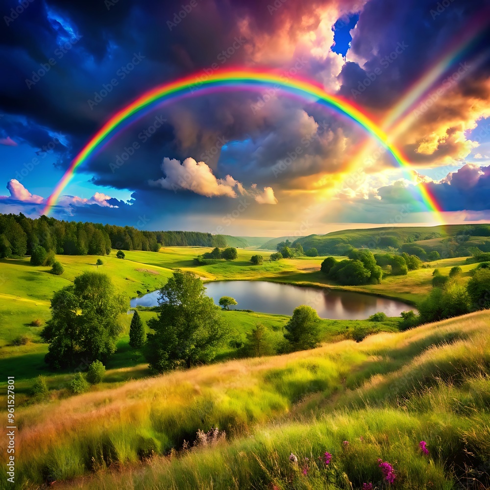 Obraz premium view of beautiful rainbow over nature landscape