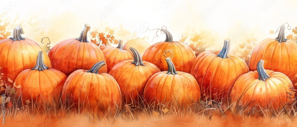 A painting of a pumpkin gathering in a tall grass field, surrounded by fallen autumn leaves A painting of a pumpkin gathering in a tall grass field, surrounded by fallen autumn leaves