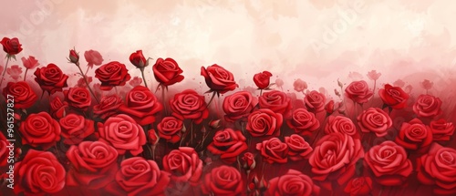 Fototapeta Naklejka Na Ścianę i Meble -   A red rose bouquet in the field's heart, framed by a pink sky backdrop