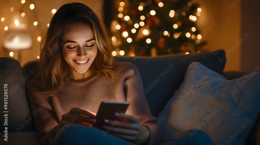 Woman Reviewing Black Friday Emails on Her Phone in Cozy Living Room Setting Woman Reviewing Black Friday Emails on Her Phone in Cozy Living Room Setting