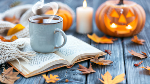 Coffee cup with cozy autumn leaves and fall drink beside a book and Halloween pumpkin decorations