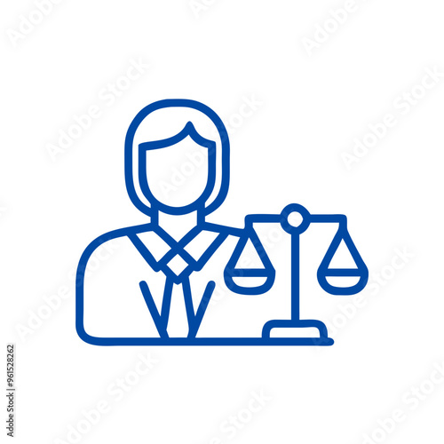  Lawyer icon in blue line art with scales of justice for legal services