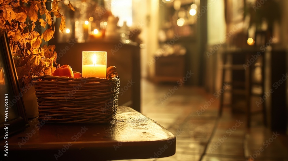 Cozy autumn scene with candle and basket, warm home atmosphere, seasonal decor.
Cozy autumn scene with candle and basket, warm home atmosphere, seasonal decor.