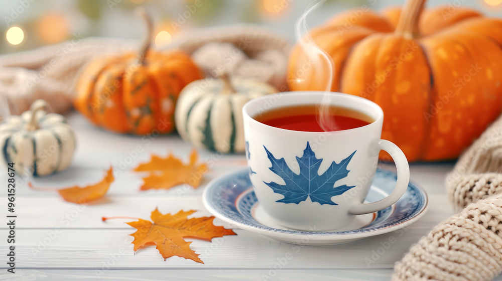 Cup of tea with pumpkin tea and autumn leaves among cozy decorations Cup of tea with pumpkin tea and autumn leaves among cozy decorations